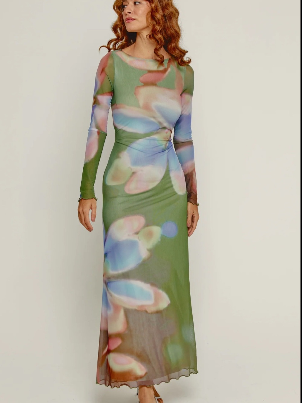 Rare London Olive Abstract Floral Long Sleeve Maxi Dress
